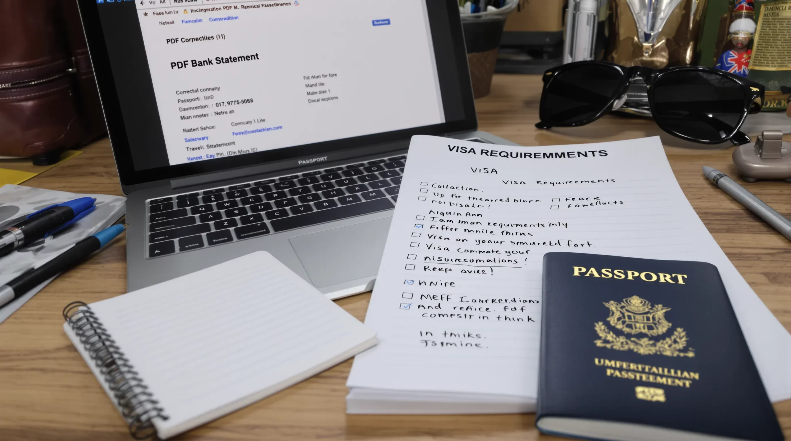 Close-up of a traveler’s desk showing a laptop screen with a correctly formatted PDF bank statement, a passport beside it, and a notepad listing visa requirements ticked off.