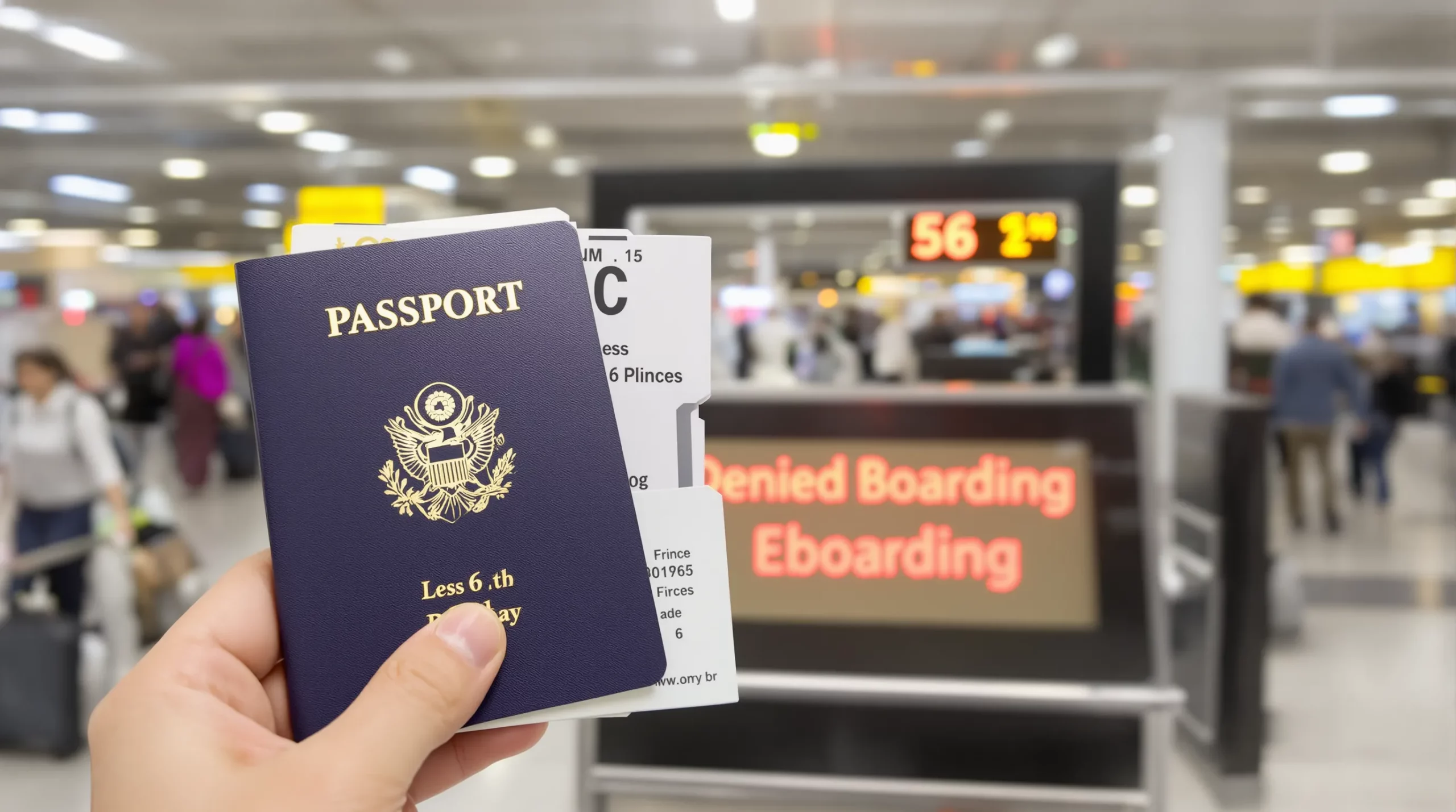 Close-up of a traveler’s hand holding a passport that shows an expiry date less than six months away, with a boarding pass in the background and a check-in counter displaying a 