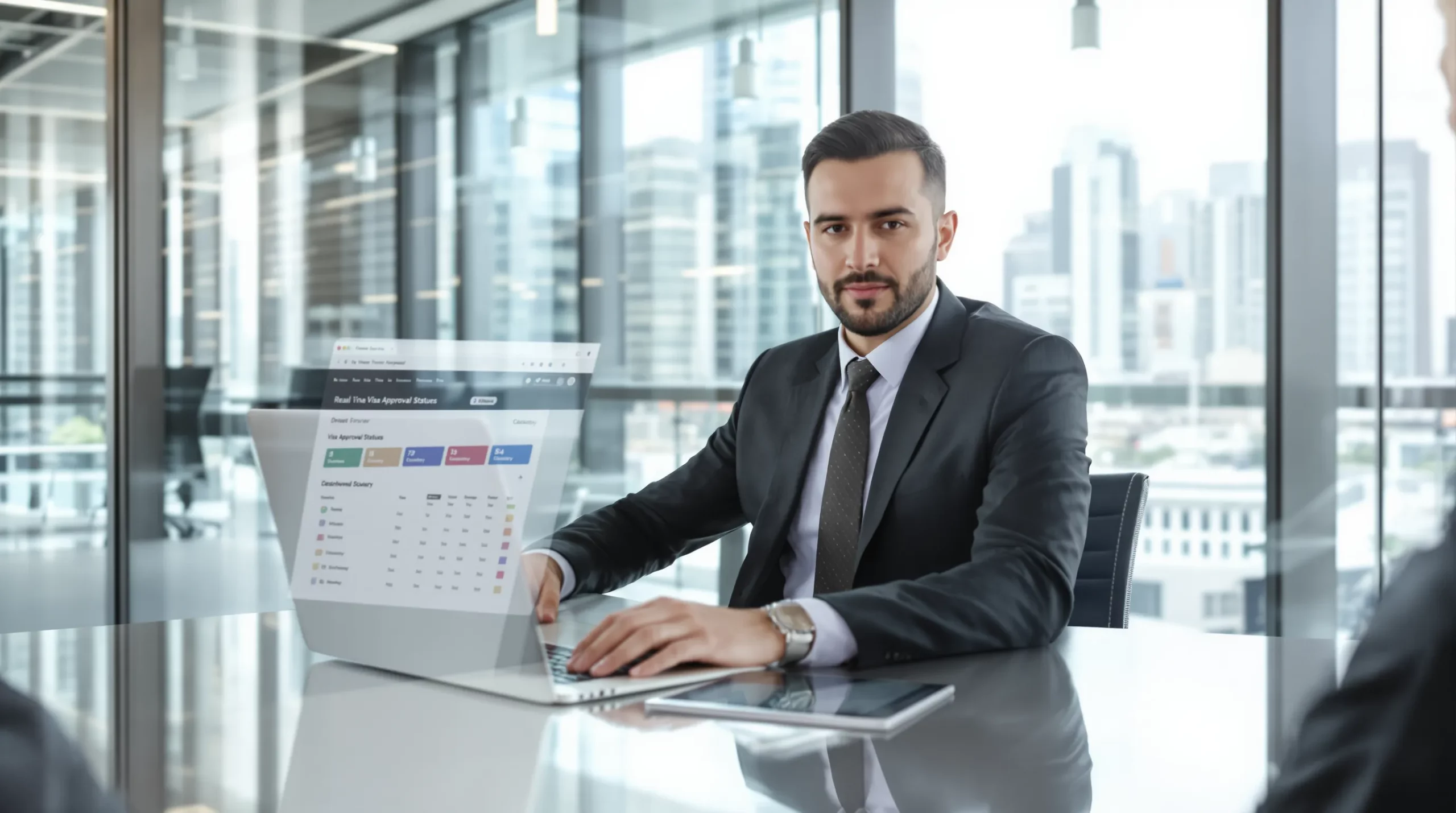 Corporate travel manager reviews a dashboard showing real-time visa approval statuses, colour-coded by country, on a laptop in a modern office environment.