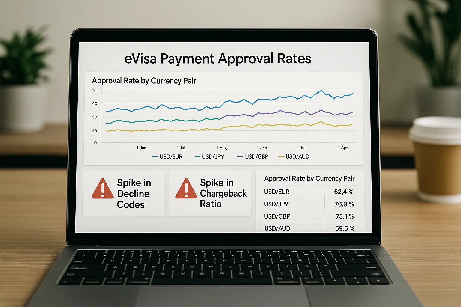Dashboard mock-up displaying eVisa payment approval rates by currency pair, with alerts for spikes in decline codes and chargeback ratios.
