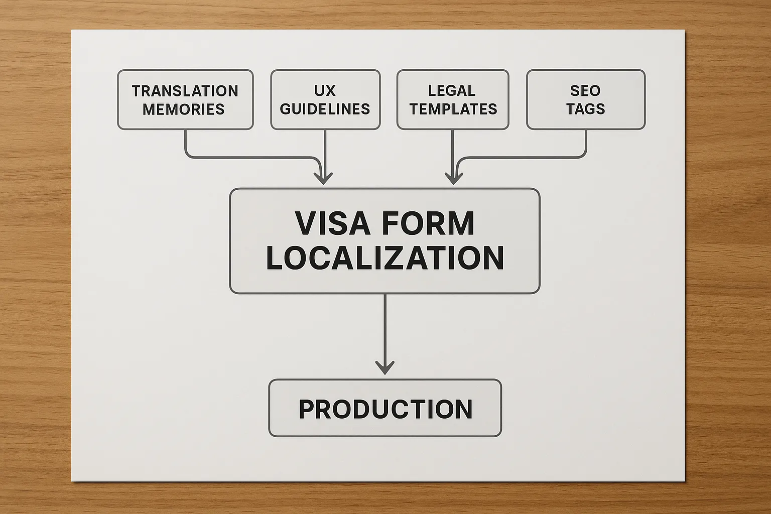 Flow diagram showing how translation memories, UX guidelines, legal templates, and SEO tags feed into a centralized visa-form localization pipeline before deploying to production.