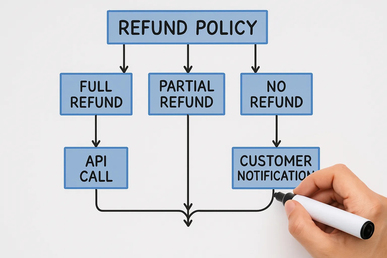 Flowchart showing how refund policy tiers map to automated API calls, finance ledger updates, and customer notifications.