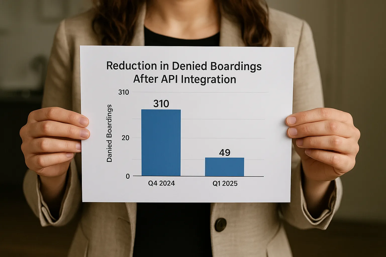 Graph showing reduction in denied boardings after API integration: 310 in Q4 2024 down to 49 in Q1 2025.