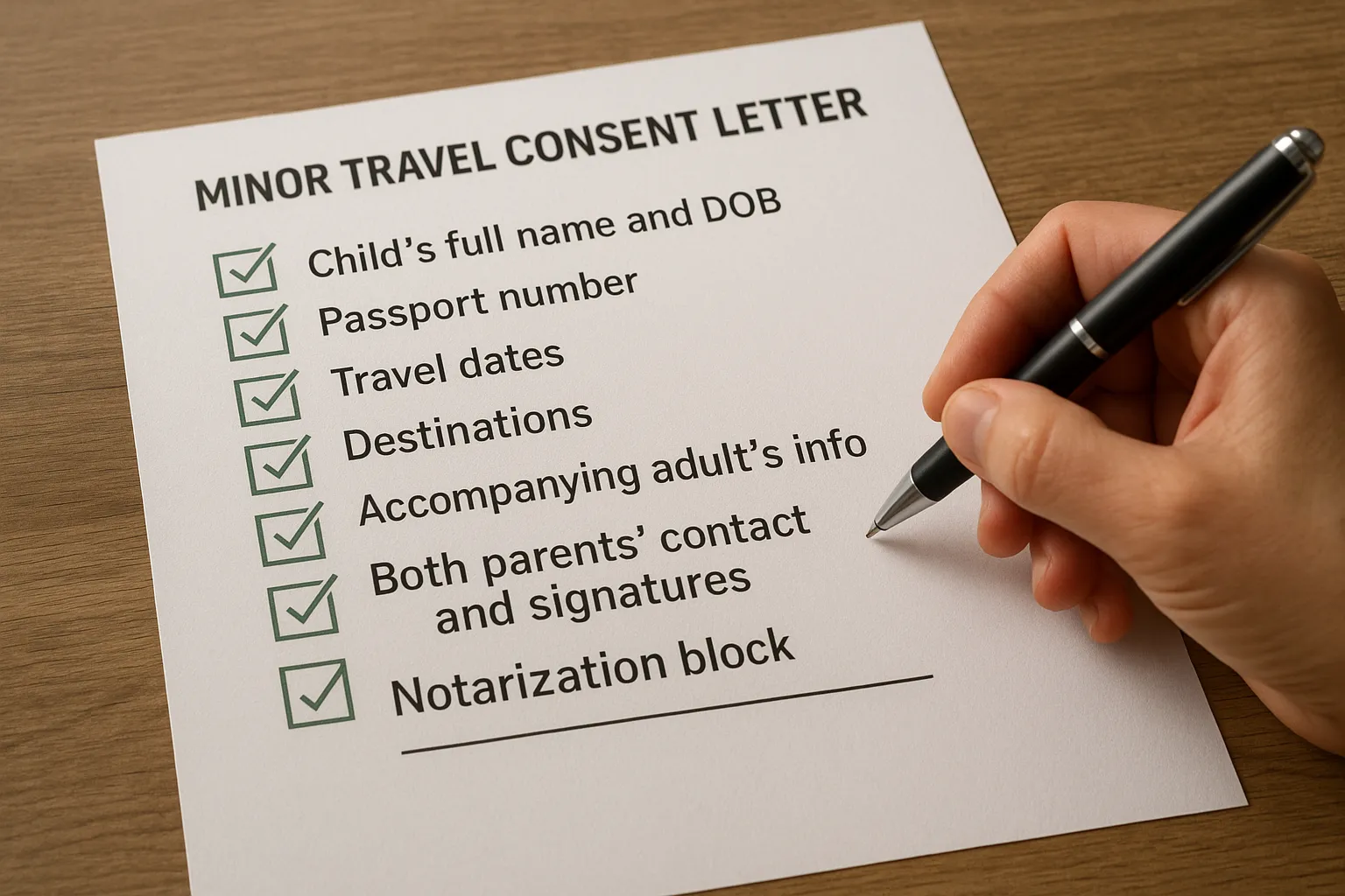 Illustrated checklist showing required fields for a minor travel consent letter: child’s full name and DOB, passport number, travel dates, destinations, accompanying adult’s info, both parents’ contact and signatures, notarisation block.