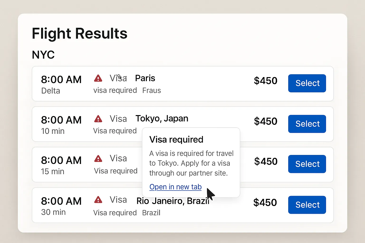 Illustration: A metasearch flight results page showing small “Visa required” icons next to destinations, with a tooltip that explains the requirement and links to a white-label visa application in a new tab.
