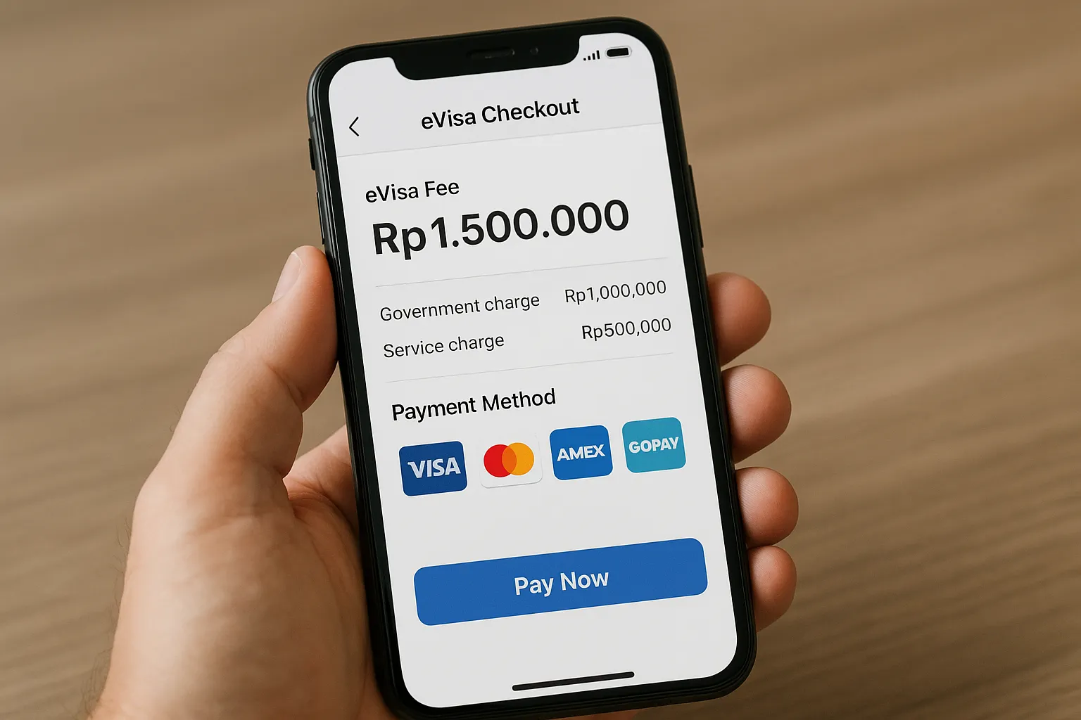 Illustration of a mobile checkout screen showing an eVisa fee priced in the traveler's local currency, with clear breakdown of government and service charges, and multiple payment method icons including cards and a regional e-wallet.