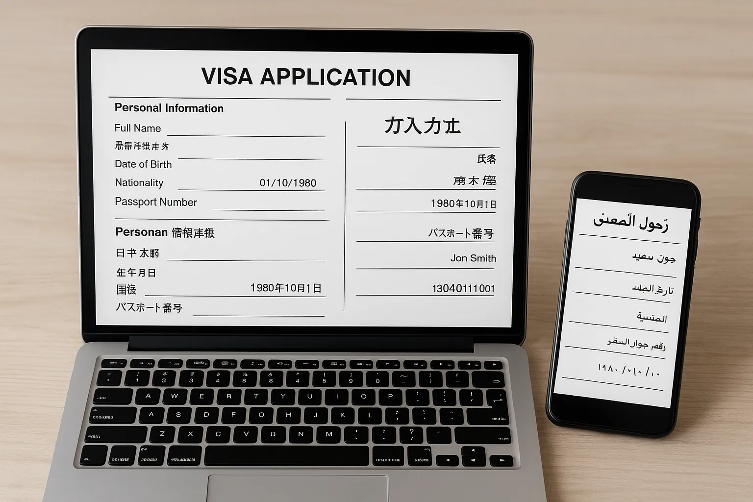 Illustration of a multi-language visa application form displayed on desktop and mobile screens, showing English, Japanese, and Arabic versions with proper RTL layout and localized date fields.