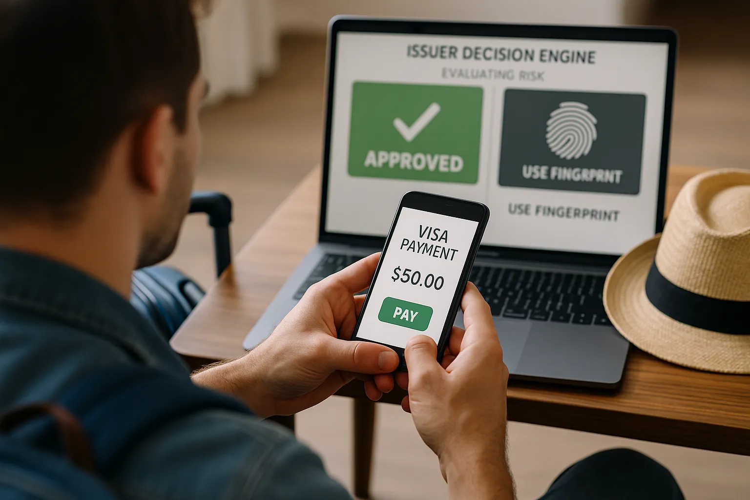 Illustration of a traveler completing a visa payment on a smartphone while an issuer decision engine evaluates risk in the background, showing either an instant “Approved” screen or a quick biometric prompt for high-risk cases.