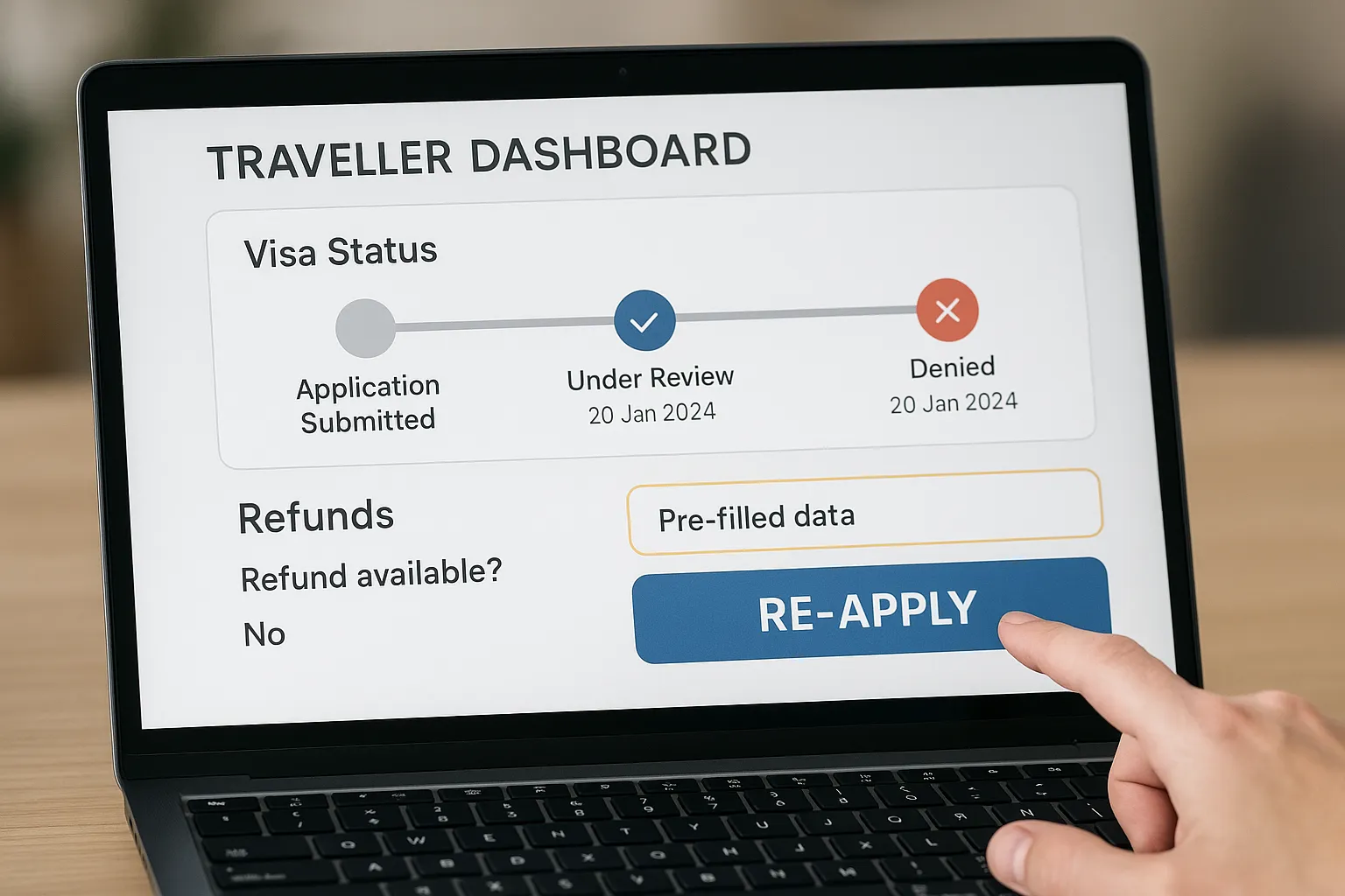 Illustration of a traveller dashboard showing visa status timelines, refund options, and a highlighted re-apply button with pre-filled data.