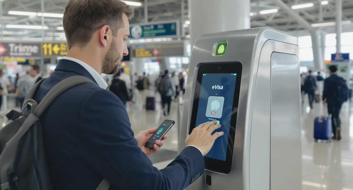 Illustration of a traveller tapping a smartphone at an airport eGate while a digital passport and eVisa icon appear on the screen, showing a seamless biometric verification process.