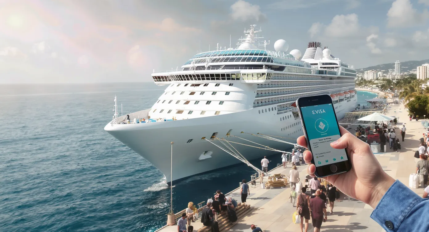 Illustration showing a cruise ship docked in a tropical port while passengers use smartphones to confirm their eVisa approvals before heading on a palm-lined shore excursion.