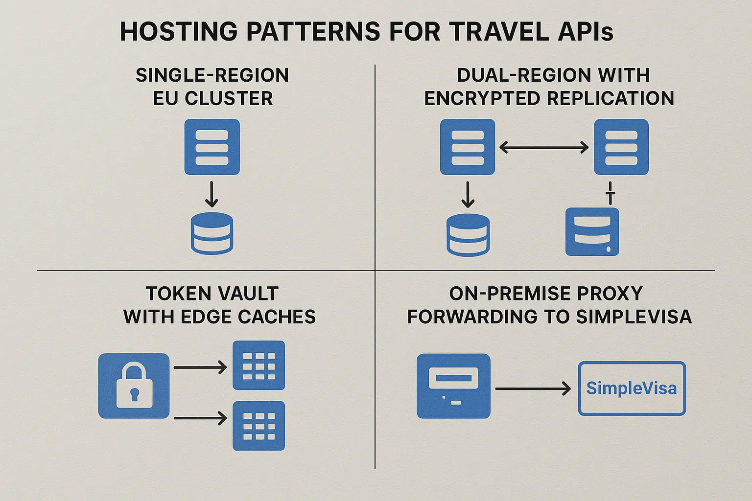 Illustration showing four hosting patterns for travel APIs: single-region EU cluster, dual-region with encrypted replication, token vault with edge caches, and on-premise proxy forwarding to SimpleVisa.