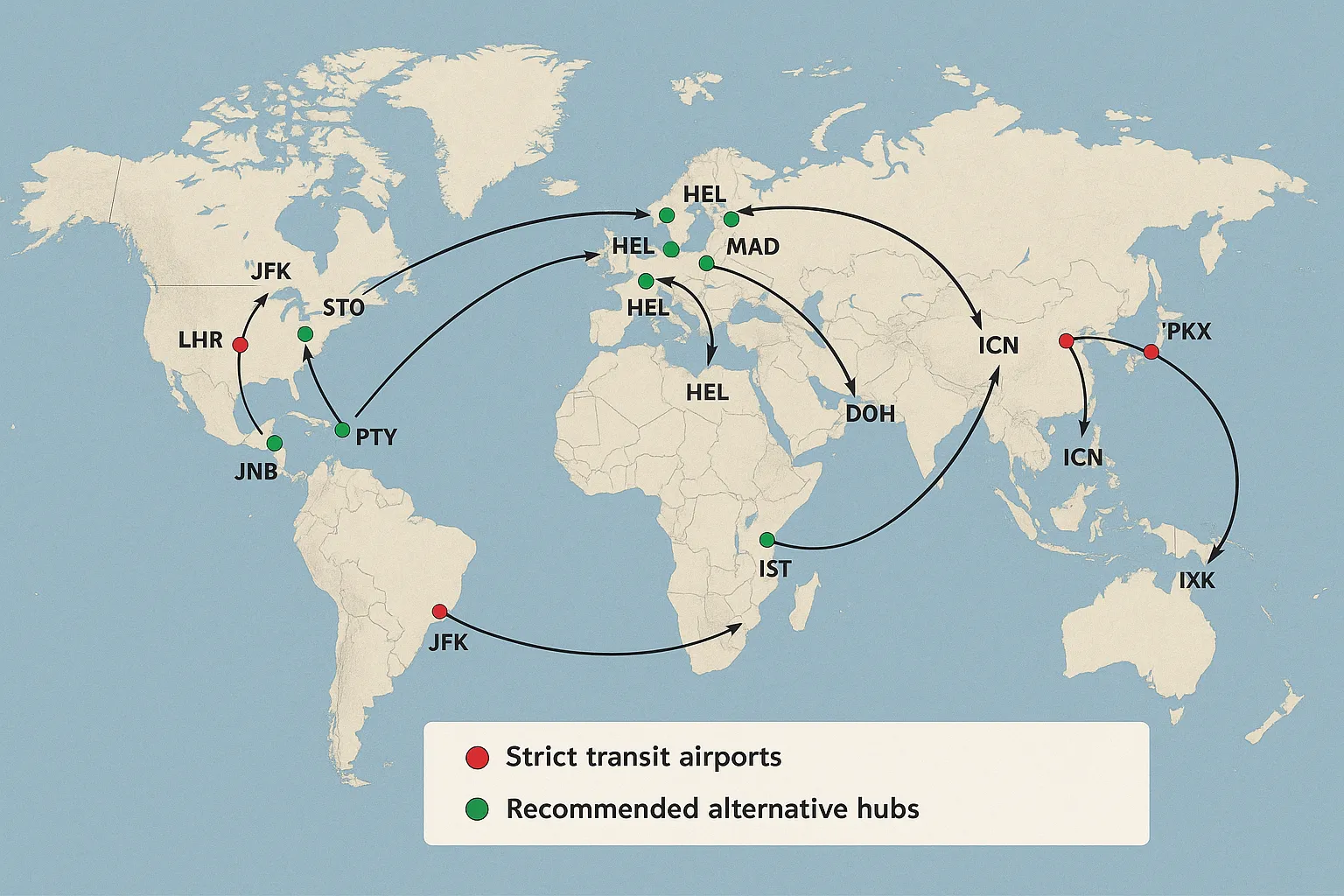 Illustrative world map showing strict transit airports in red dots (LHR, CDG, YYZ, PKX, FRA, JNB, SVO, JFK) and recommended alternative hubs in green dots (IST, DOH, DXB, ICN, ZRH, HEL, PTY, MAD). Arrows demonstrate rerouting paths.