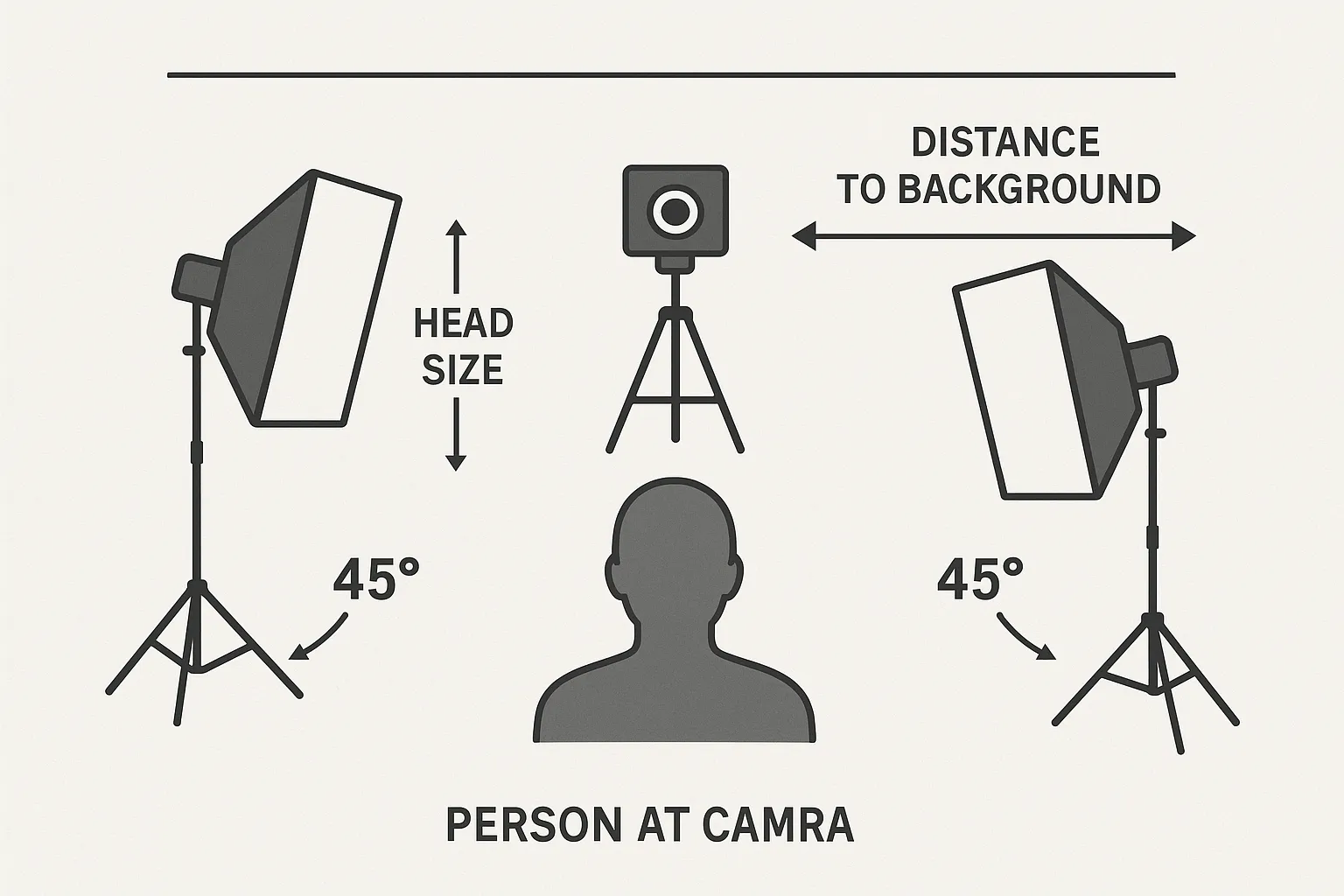 Minimalist diagram showing a person facing a camera on a tripod, two soft-box lights at 45-degree angles, and distance markers for head size and background gap.