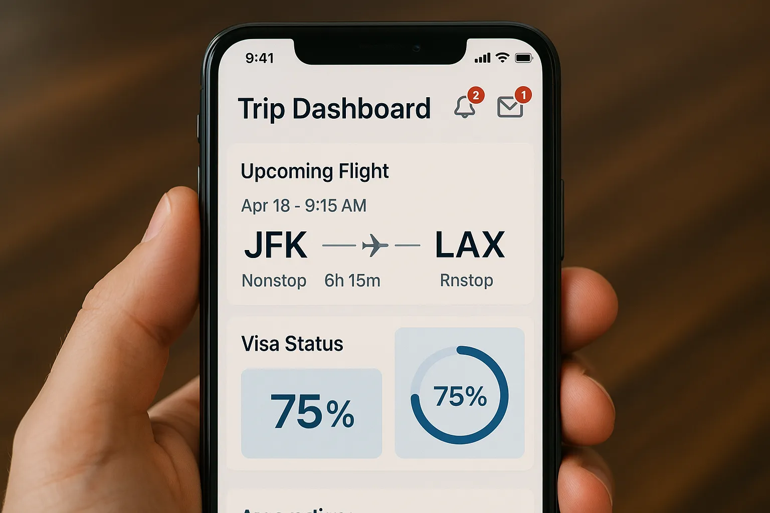 Mobile phone displaying a trip dashboard with flight details and a visa status card showing 75 % completion, alongside notification icons.