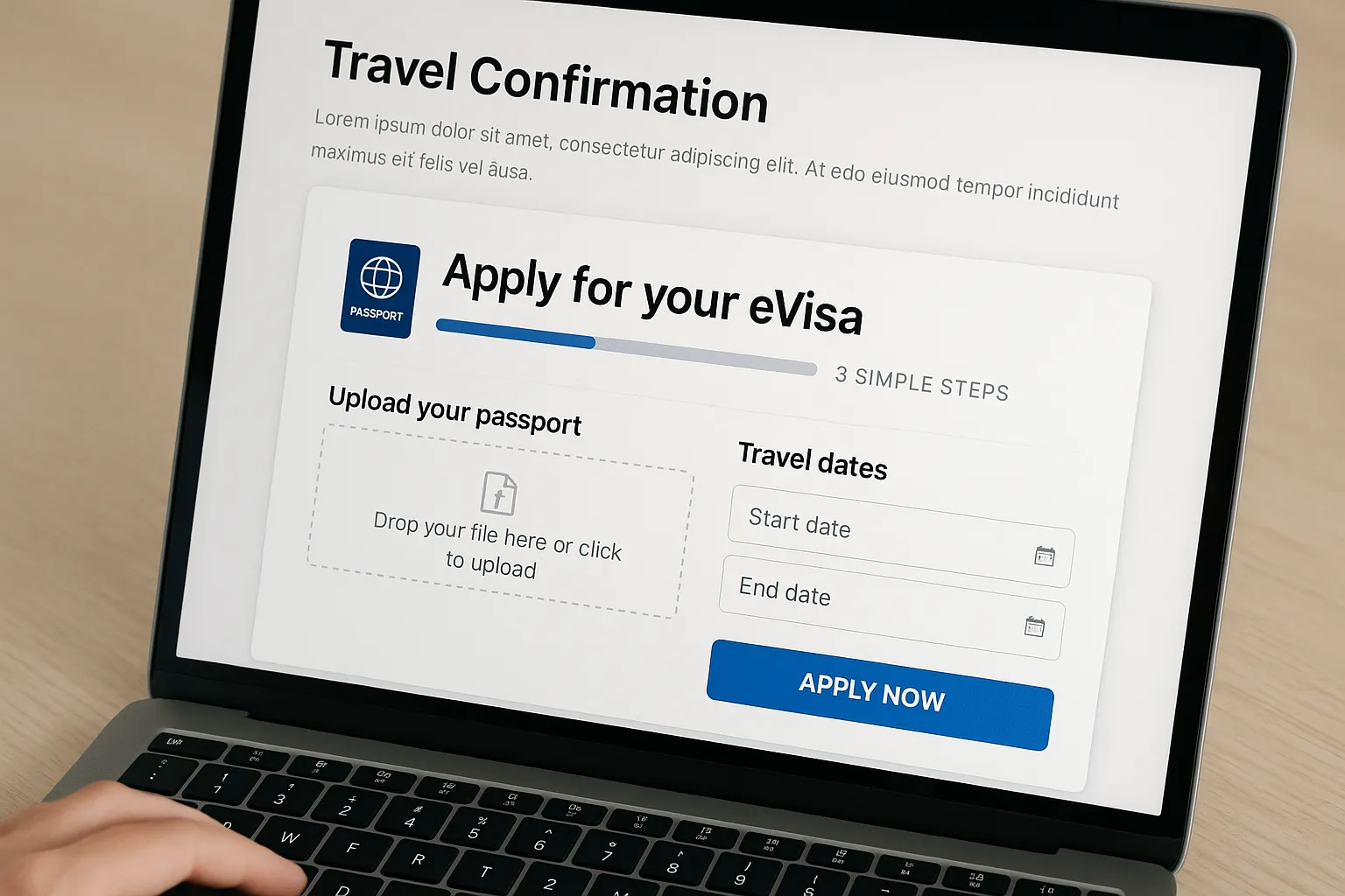 Mockup showing a branded “Apply for your eVisa” widget embedded in a travel confirmation page, with fields for passport upload and travel dates, and a progress bar indicating 3 simple steps.