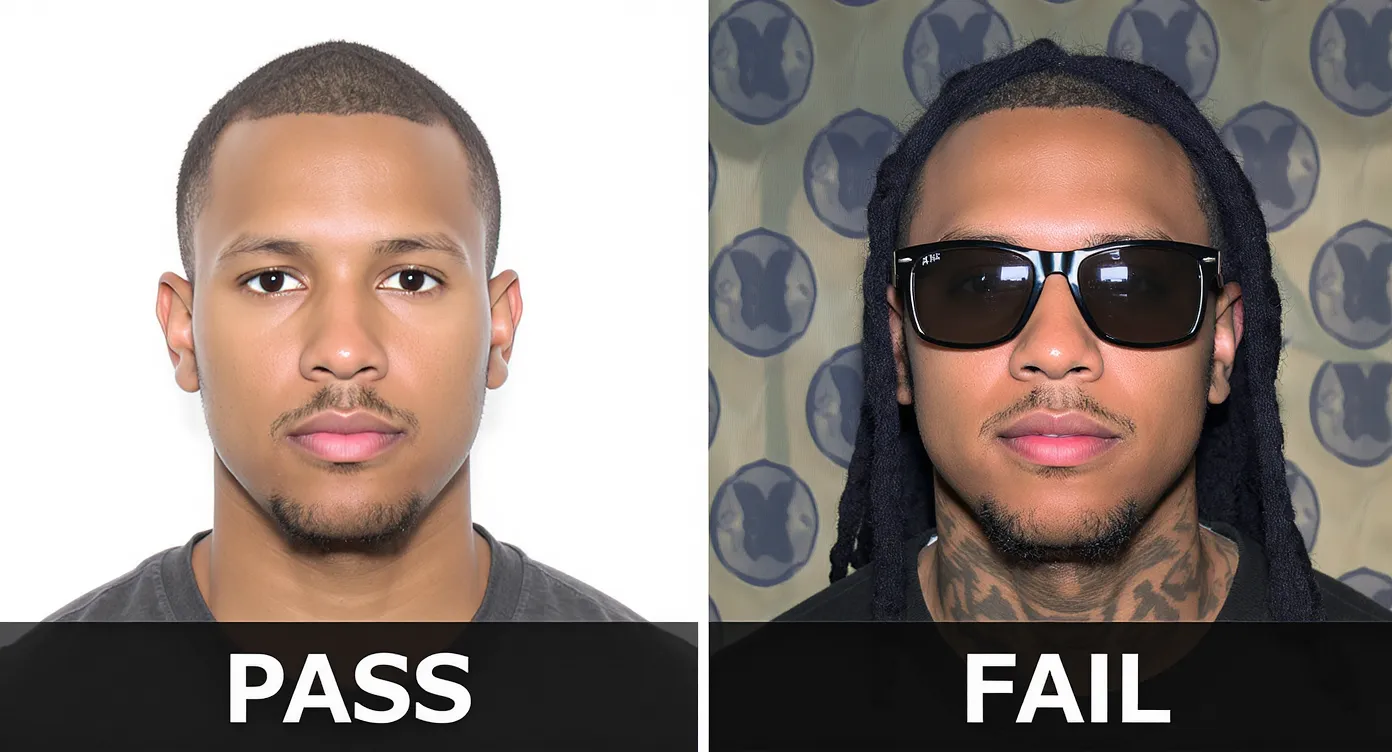Side-by-side comparison of two ID photos: one with correct white background, balanced lighting, neutral expression, and proper head size; the other with a patterned wall, harsh shadows, tilted head, and sunglasses, labelled “PASS” and “FAIL.”