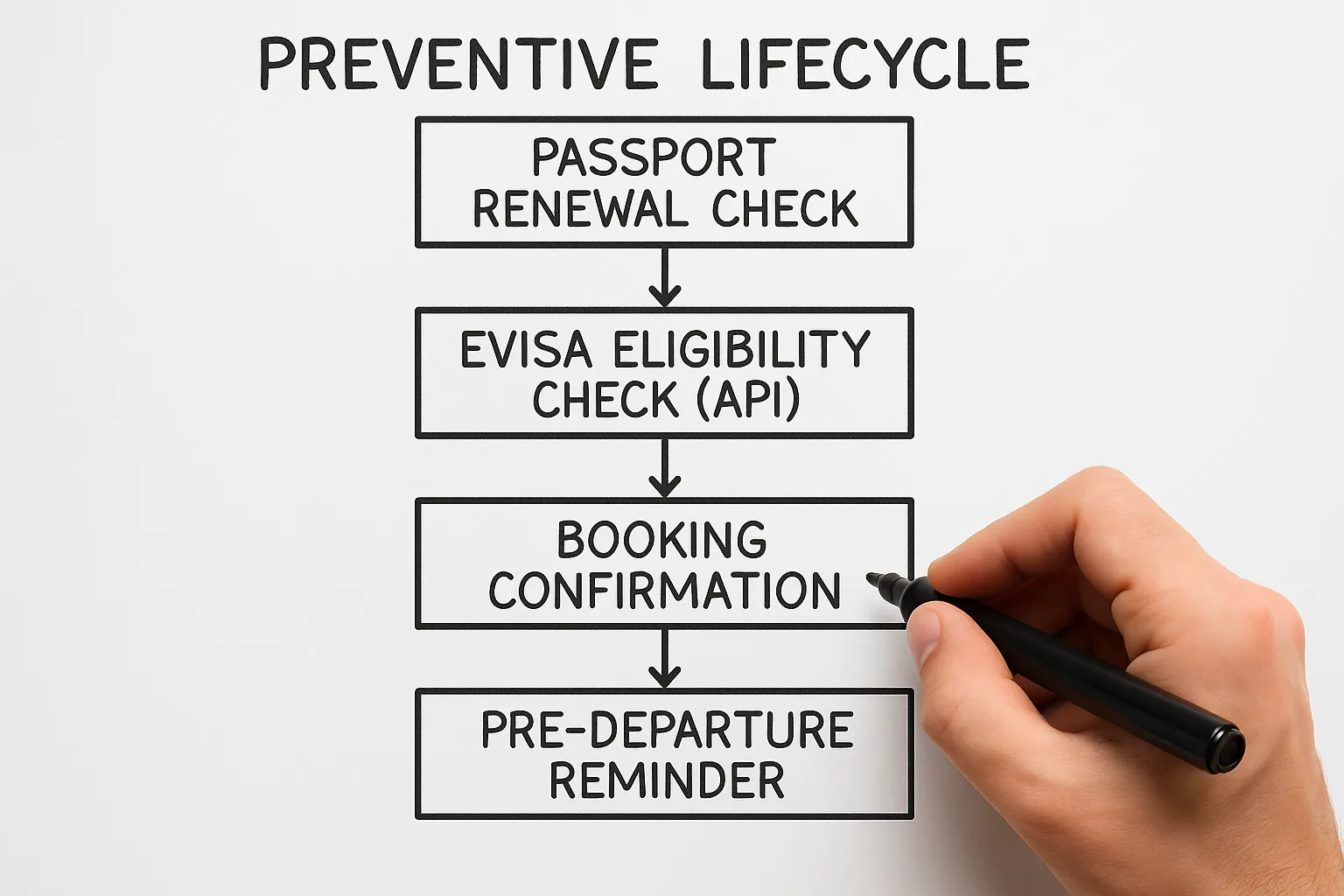 Simple flowchart showing the preventive lifecycle: Passport renewal check → eVisa eligibility check via API → Booking confirmation → Pre-departure reminder.