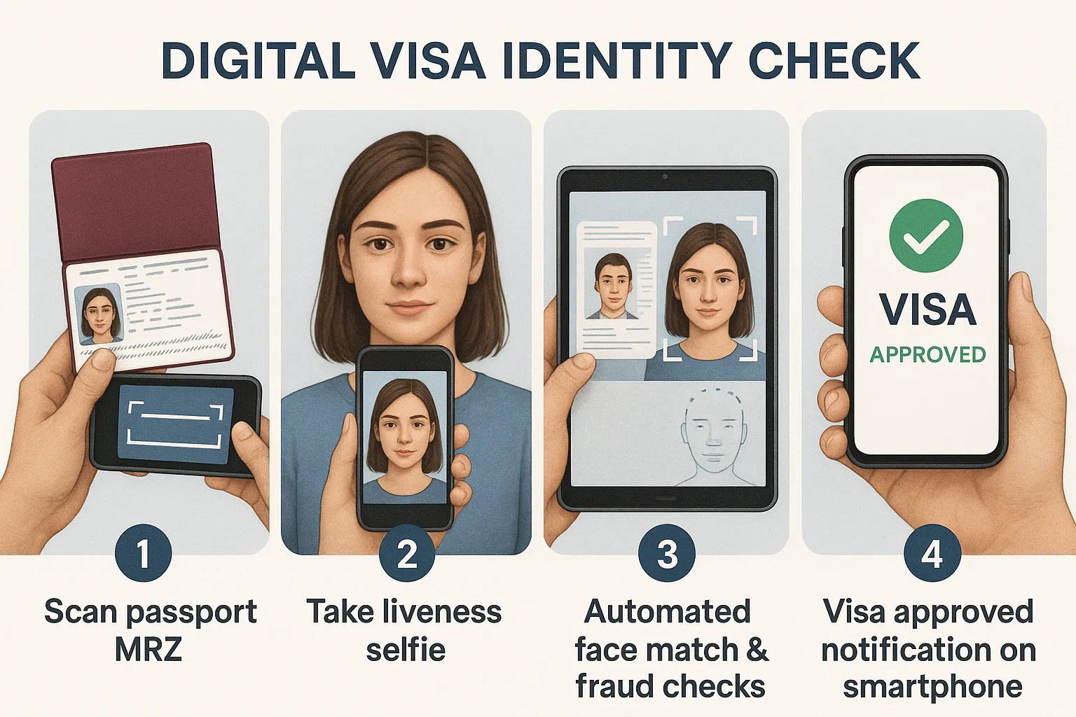 Simple infographic showing four steps in a digital visa identity check: 1) Scan passport MRZ, 2) Take liveness selfie, 3) Automated face match & fraud checks, 4) Visa approved notification on smartphone.