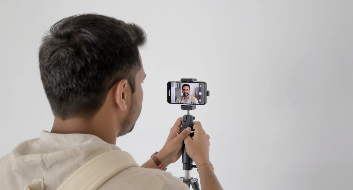 Traveler taking an ID photo at home against a white wall using a tripod-mounted smartphone, ensuring correct lighting and a neutral expression for an India eVisa application.