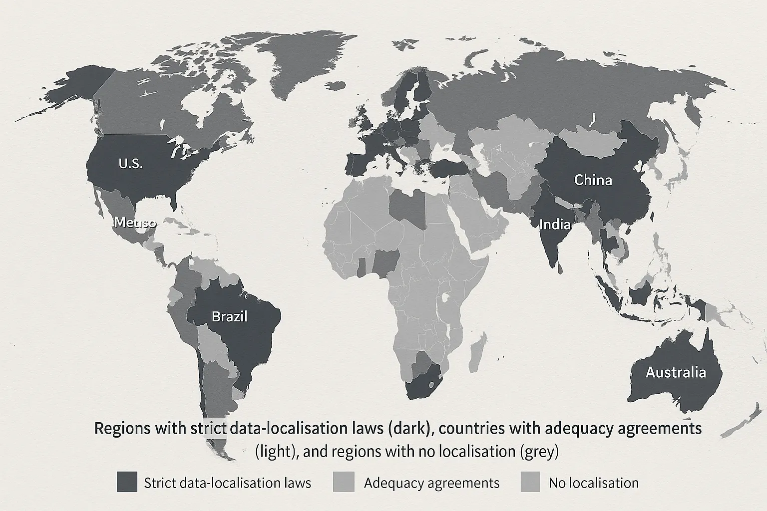 World map shaded to show regions with strict data-localisation laws (dark), countries with adequacy agreements (light), and regions with no localisation (grey).