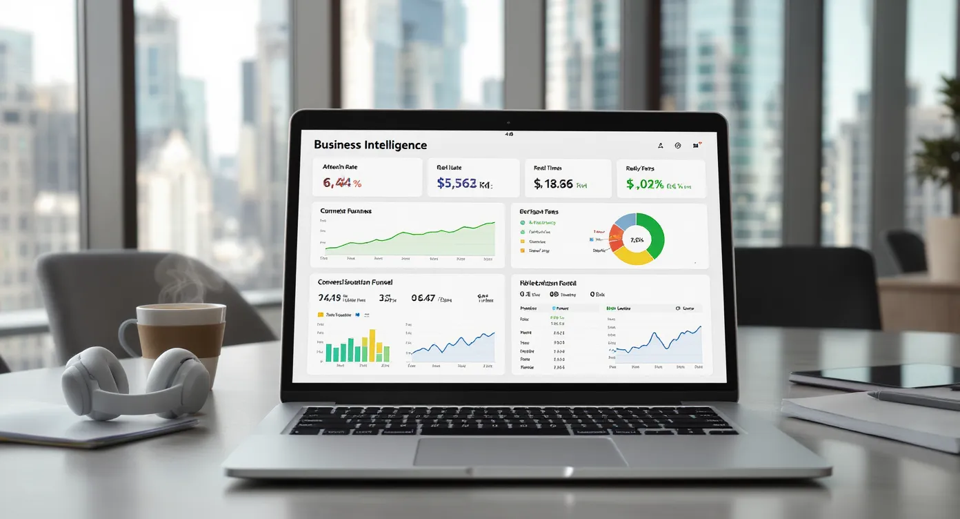 A business-intelligence dashboard on a laptop screen, displaying key metrics such as attach rate, conversion funnel, and eVisa revenue per booking, with colorful charts and real-time data widgets in a modern office setting.