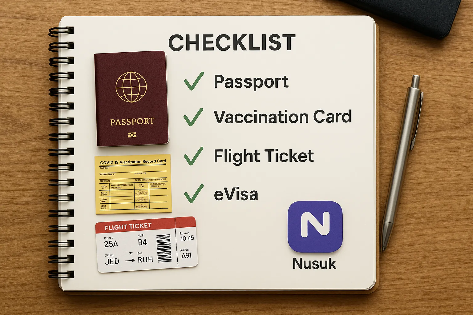 A detailed checklist illustration showing passport, vaccination card, flight ticket, printed eVisa, and Nusuk app icon arranged neatly on a travel planner notebook.