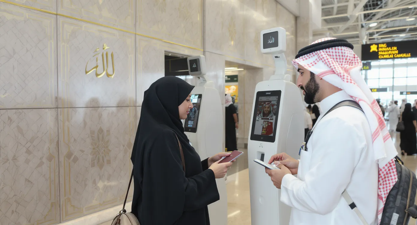 A pair of international travelers in modest attire scan their passports at a facial-recognition kiosk inside Riyadh’s King Khalid International Airport, a large modern terminal with Arabic calligraphy motifs.