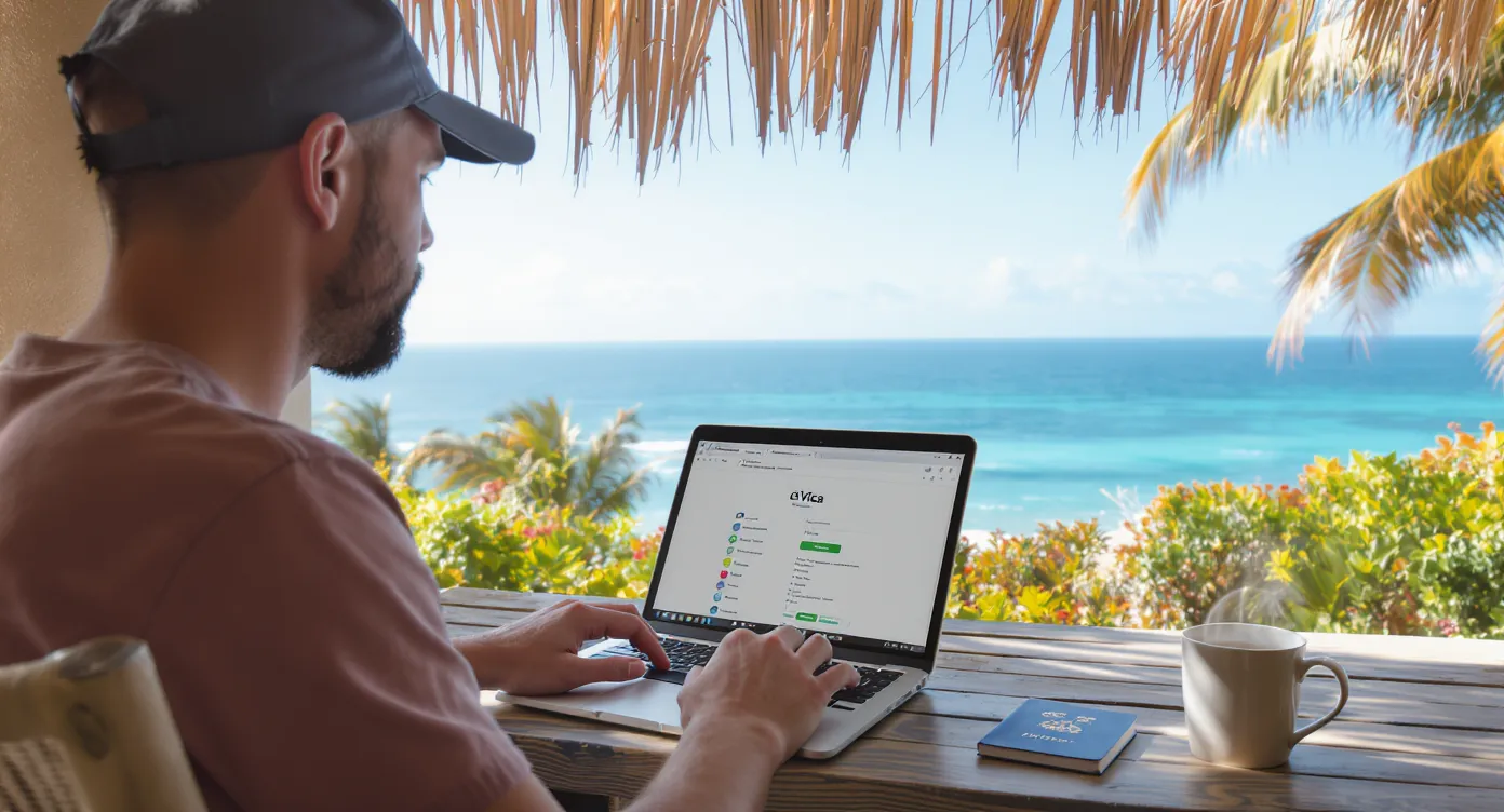 A remote worker sits under a shaded pergola overlooking the ocean, typing on a laptop with a passport and coffee beside them; palm trees frame the background and an open eVisa approval screen is visible on the laptop.