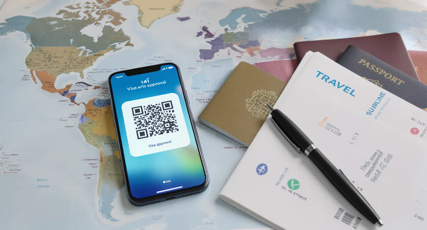 A smartphone displaying a digital visa approval QR code, resting on a world map surrounded by neatly stacked travel documents and a pen, emphasizing organized preparation.