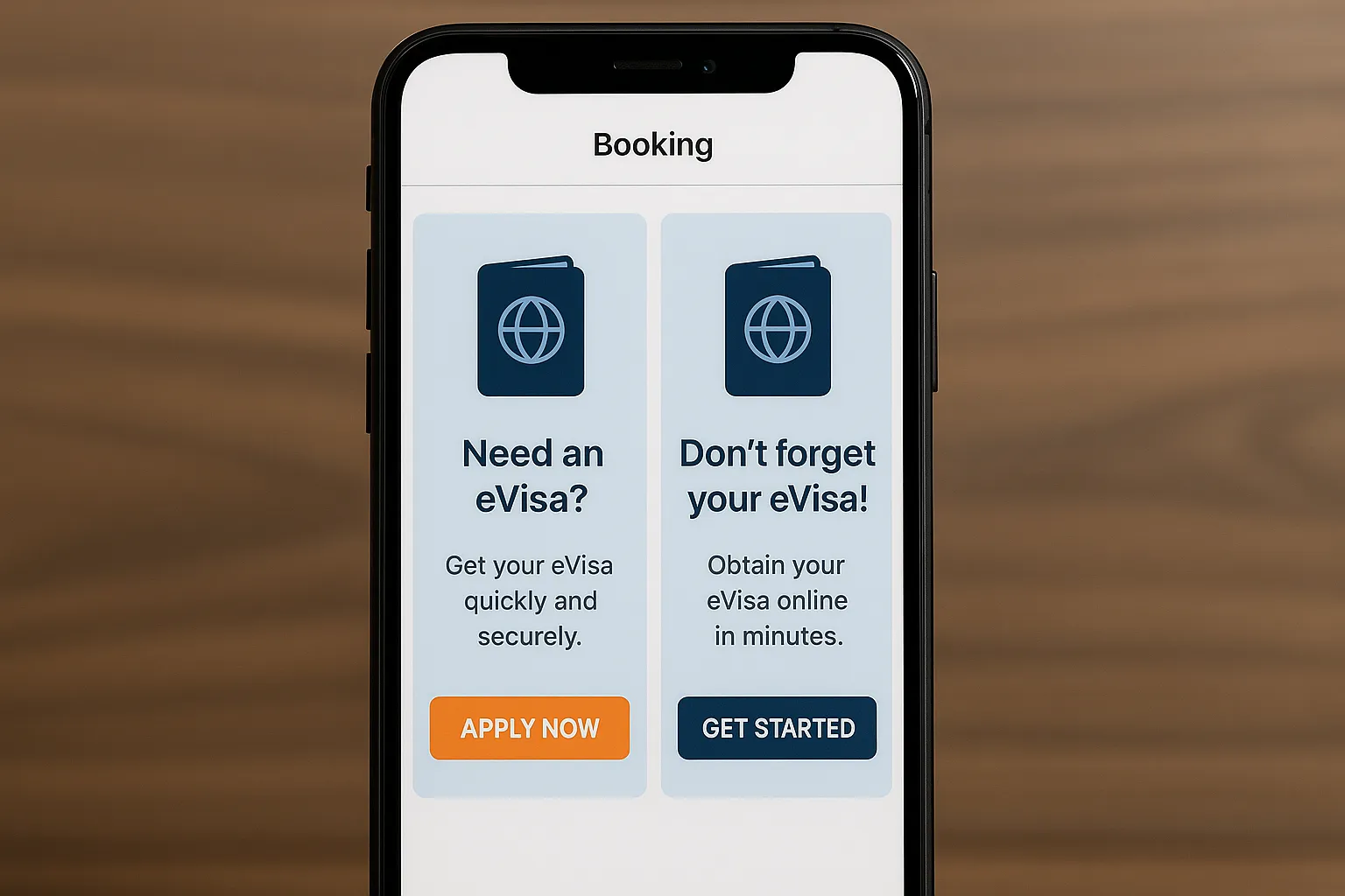 A split-screen mobile mock-up showing two eVisa upsell banners with different wording and call-to-action buttons, used for A/B testing during the booking process.