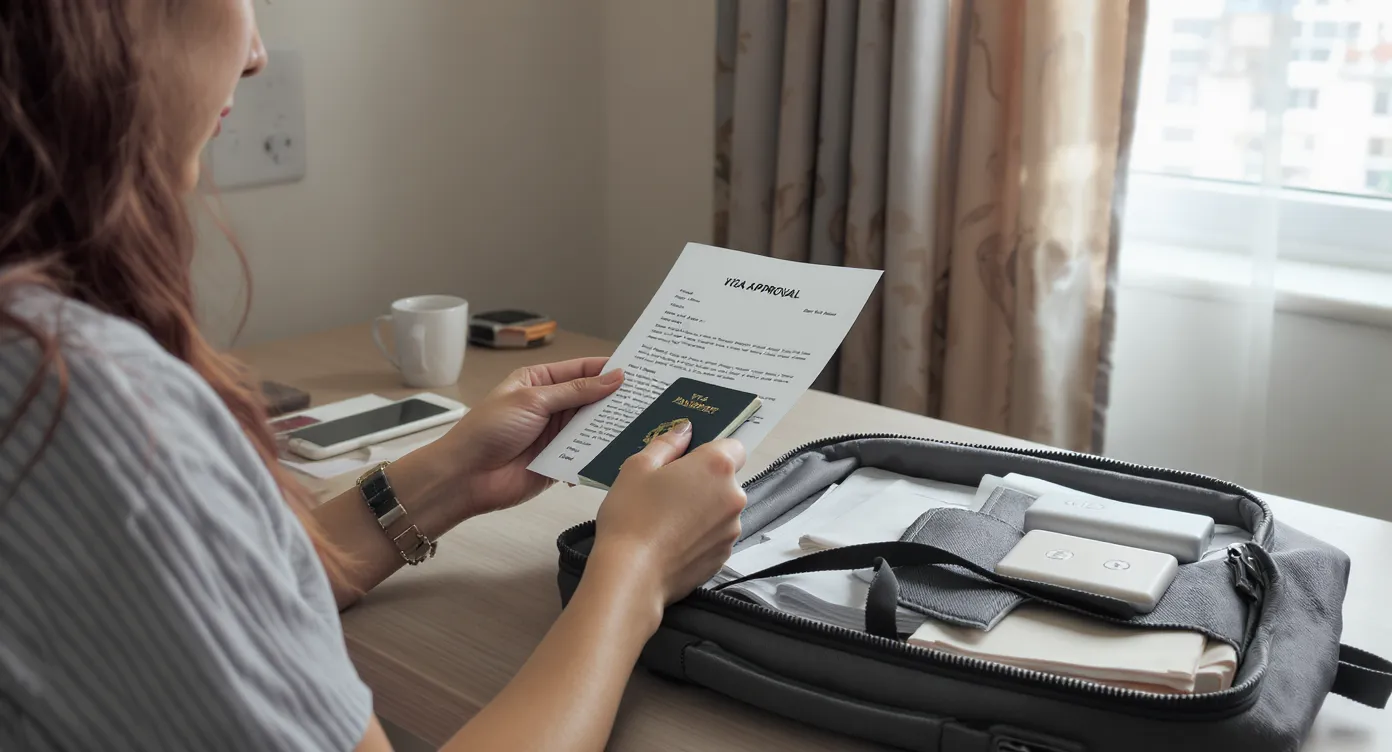 A traveler reviews a printed visa approval letter and compares it to her passport while packing a suitcase neatly organized with documents, power bank, and universal adapter.