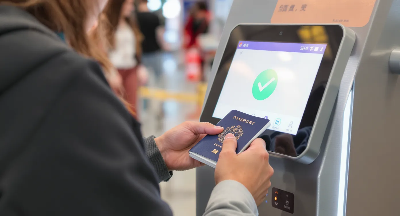 A traveler scans a biometric passport at an automated e-gate while a digital display shows a green checkmark, illustrating speedy document checks at a modern border control area.