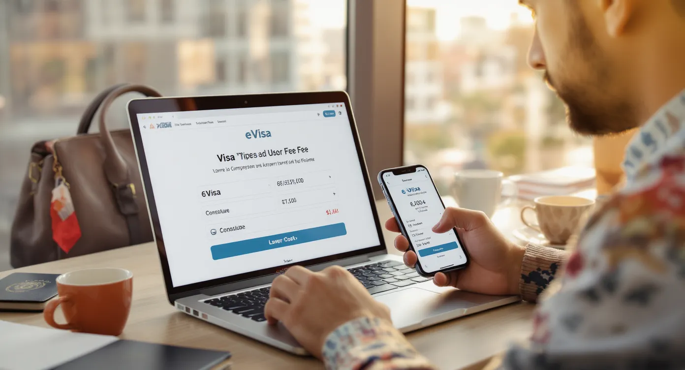 A traveller comparing visa fee options on a laptop and mobile phone, with highlighted savings when selecting an eVisa over a traditional consulate process.
