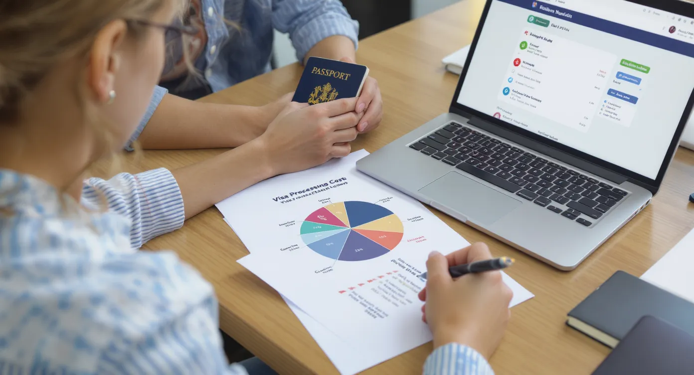 A traveller sits at a desk reviewing a pie chart that breaks down visa processing costs—application fee, biometrics, service charge, courier, and optional extras—while holding a passport and laptop displaying an online visa portal.