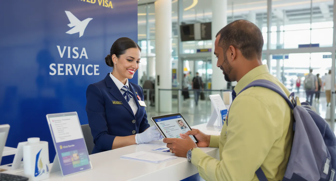 Airline agent at a dedicated visa service counter assisting a passenger, both looking at a tablet that displays a streamlined eVisa application form with passport photo and status indicators.