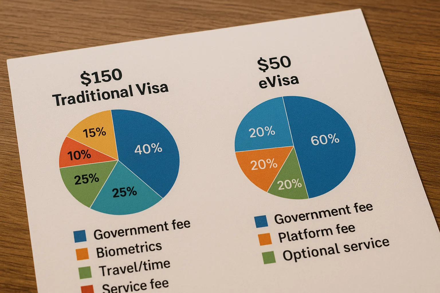 An illustrated pie chart showing the breakdown of a $150 traditional visa cost—government fee 40%, biometrics 15%, courier 10%, travel/time 25%, service fee 10%. Next to it, a $50 eVisa chart with government fee 60%, platform fee 20%, optional service 20%.