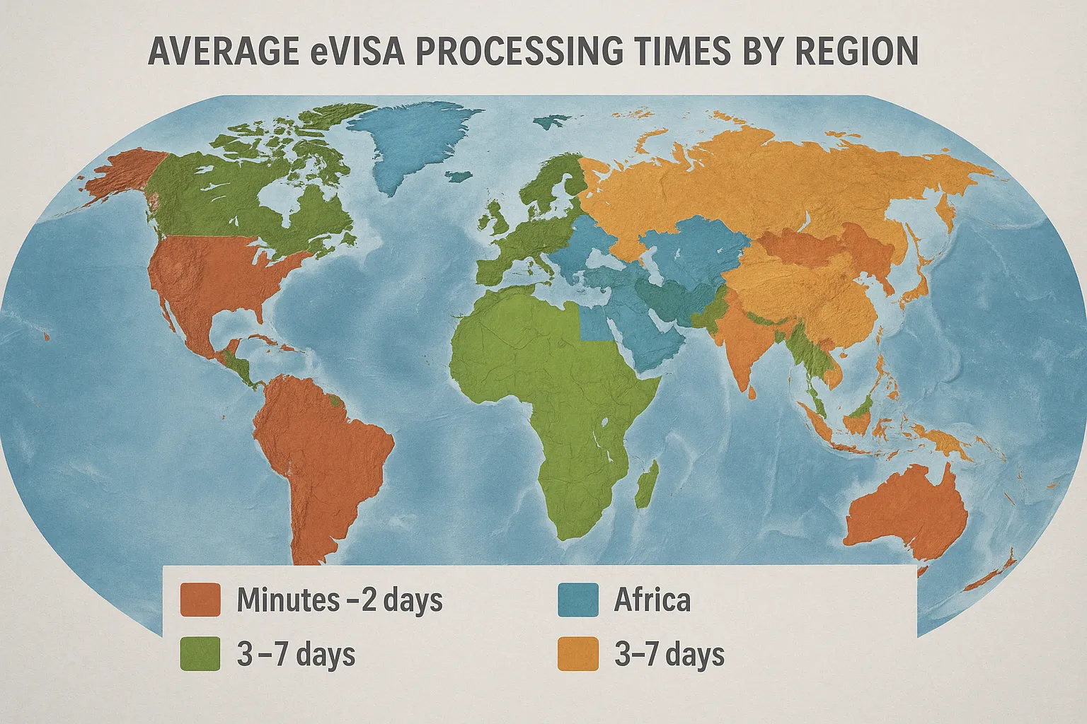 An illustrated world map showing average eVisa processing times by region with color-coded bands: Asia (1-4 days), Africa (3-7 days), Europe (same-day–3 days), Americas (minutes–2 days).