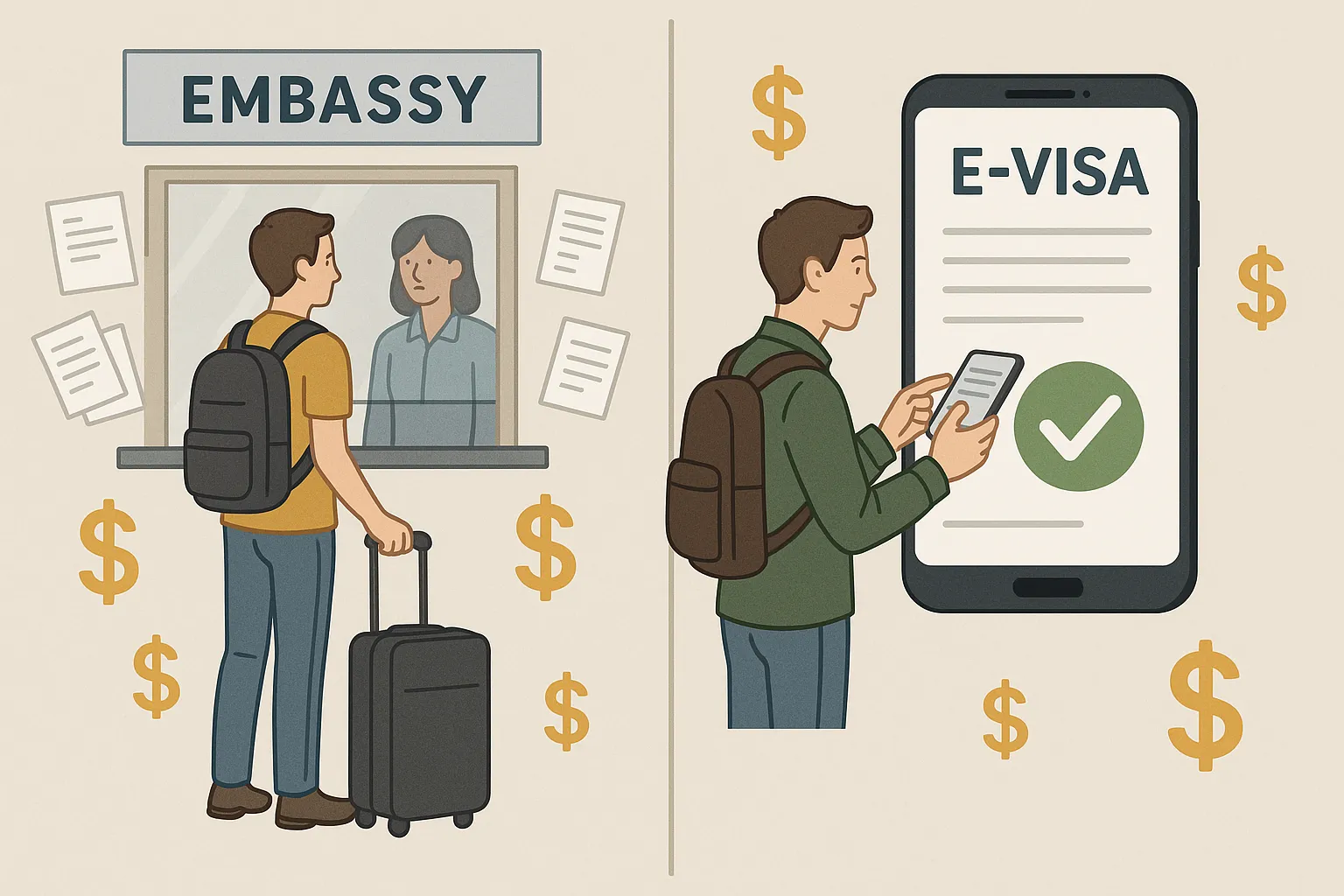 An infographic-style illustration showing two paths: on the left, a traveler lining up at an embassy window surrounded by paper forms and dollar signs; on the right, a traveler completing an e-Visa on a smartphone, with smaller dollar signs and a green checkmark indicating savings.