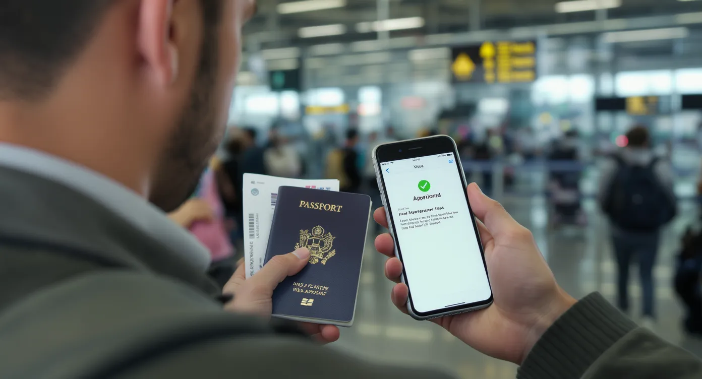 Close-up image of a traveler checking a digital visa approval on a smartphone while holding a passport and boarding pass at an airport gate.