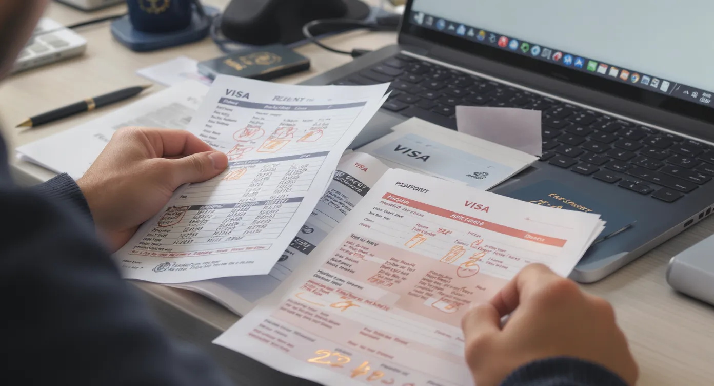 Close-up of a traveler at a desk highlighting mismatched dates and names on printed visa forms while referencing a passport and laptop screen showing an online application portal.