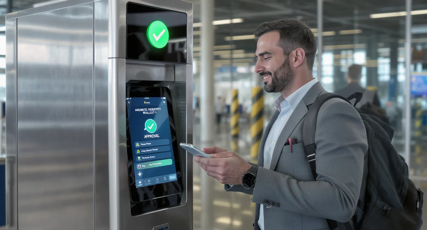 Concept image of a traveler presenting a smartphone with a digital identity wallet at an automated border gate displaying a green approval checkmark.