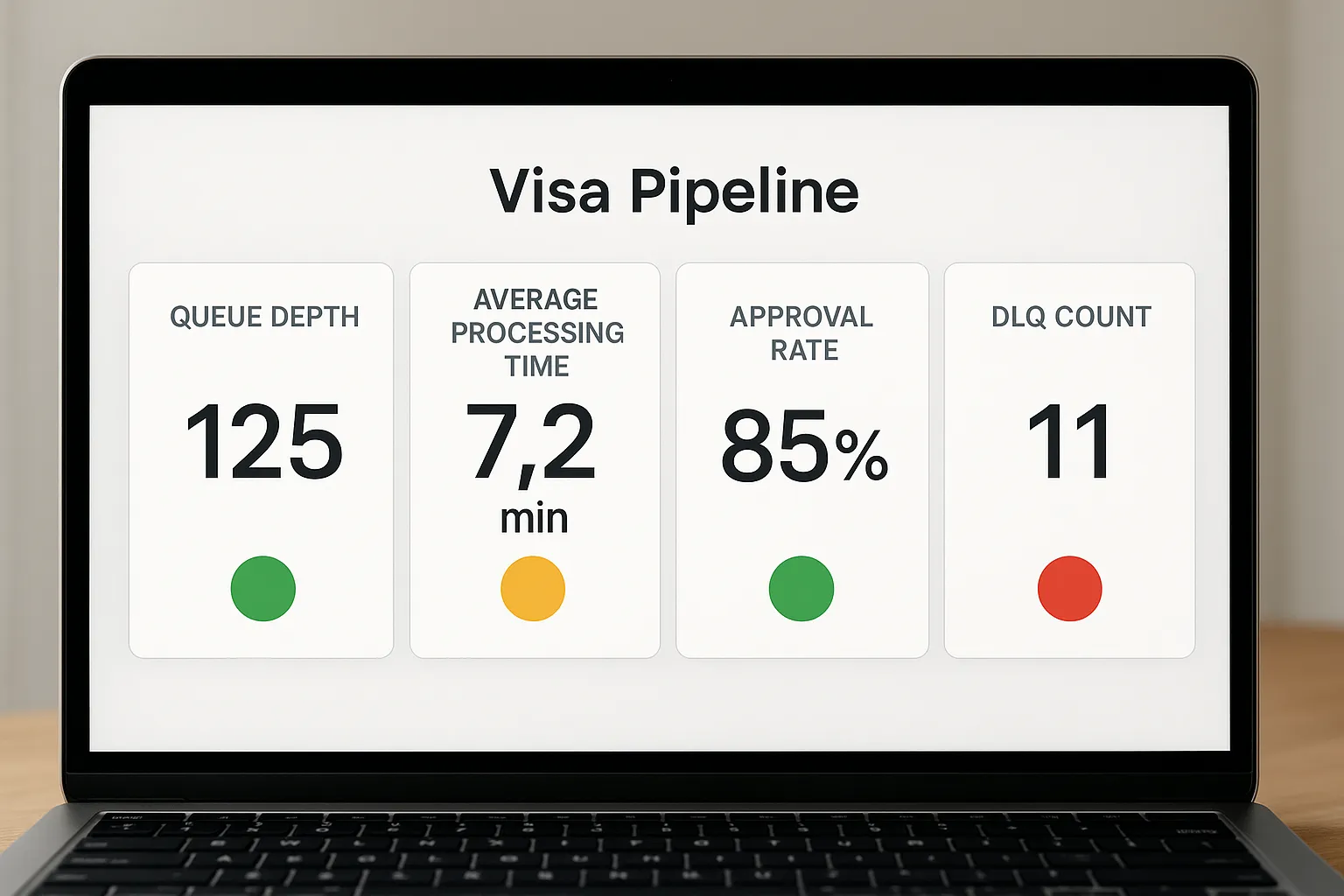 Dashboard screenshot concept: queue depth, average processing time, approval rate, and DLQ count with green/yellow/red indicators, illustrating real-time monitoring of a visa pipeline.
