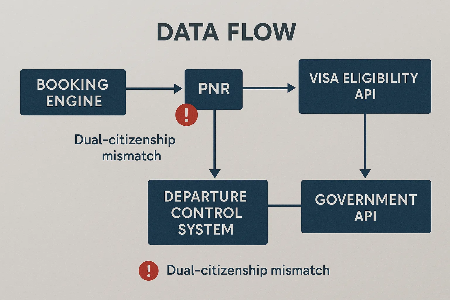 Diagram showing the data flow from booking engine to PNR, visa eligibility API, departure control system, and government API, with highlighted points where dual-citizenship mismatches can occur.