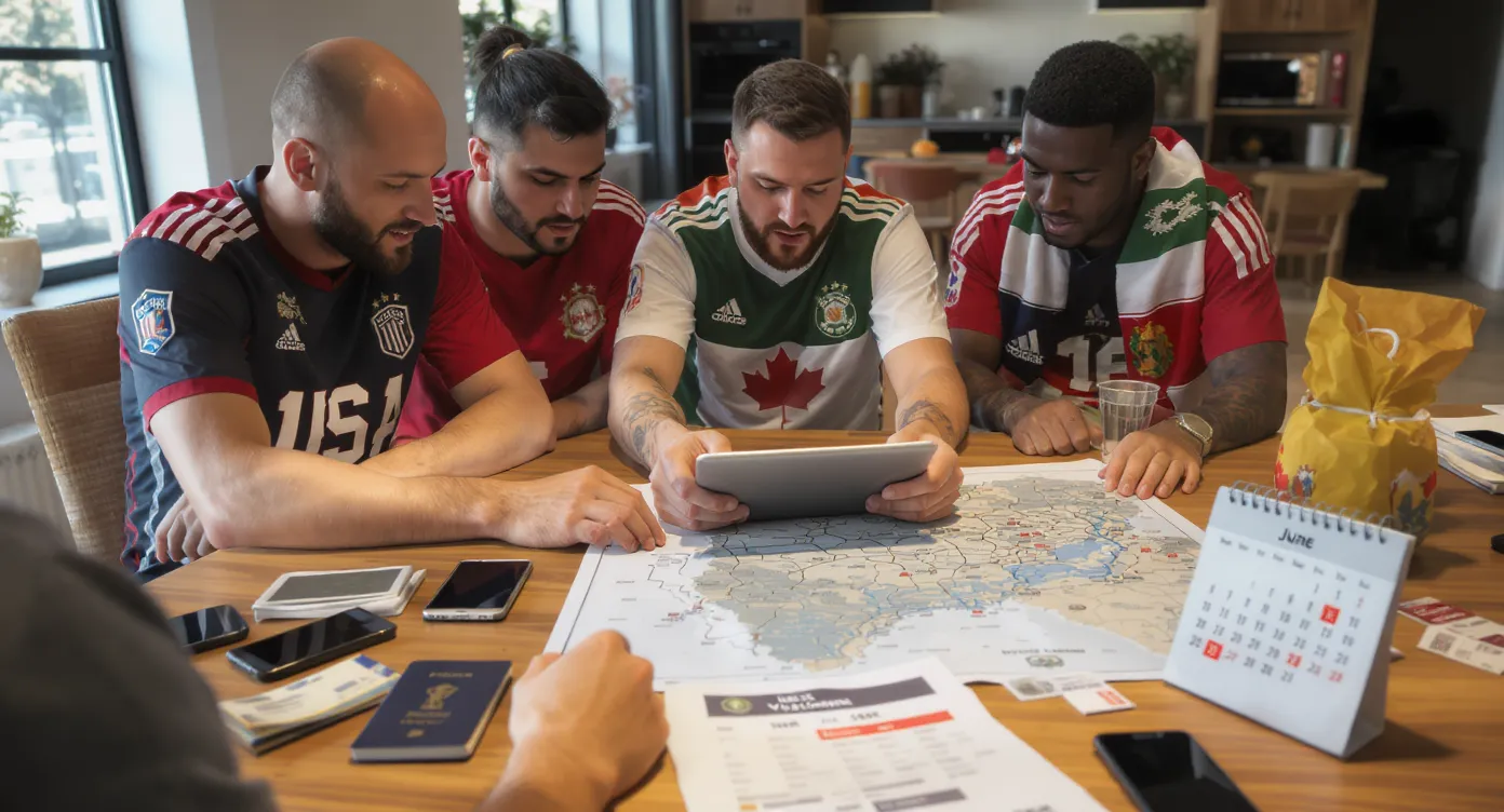 Fans wearing mixed USA, Canada and Mexico jerseys studying a city-spanning route map on a tablet while passports, phones and match tickets lie on a wooden table. A calendar marked June 2026 shows visa deadlines highlighted.