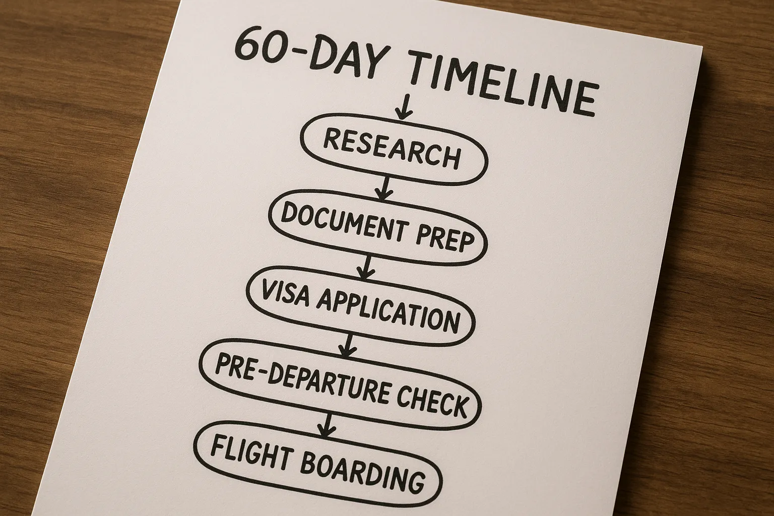 Flowchart showing a 60-day timeline: research, document prep, visa application, approval, pre-departure check, flight boarding.