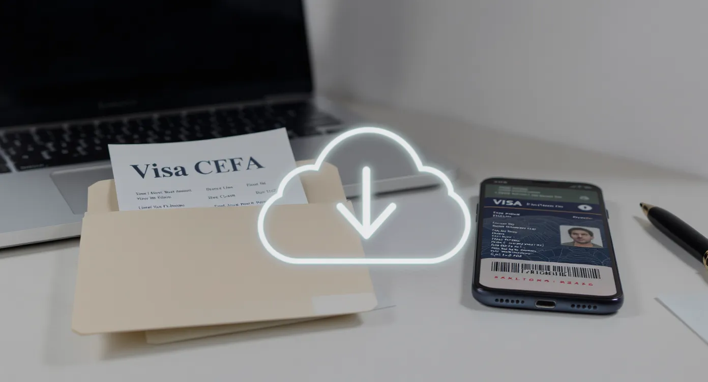 Graphic showing a folder icon, cloud icon and smartphone with a digital visa PDF, emphasising digital and printed backups.