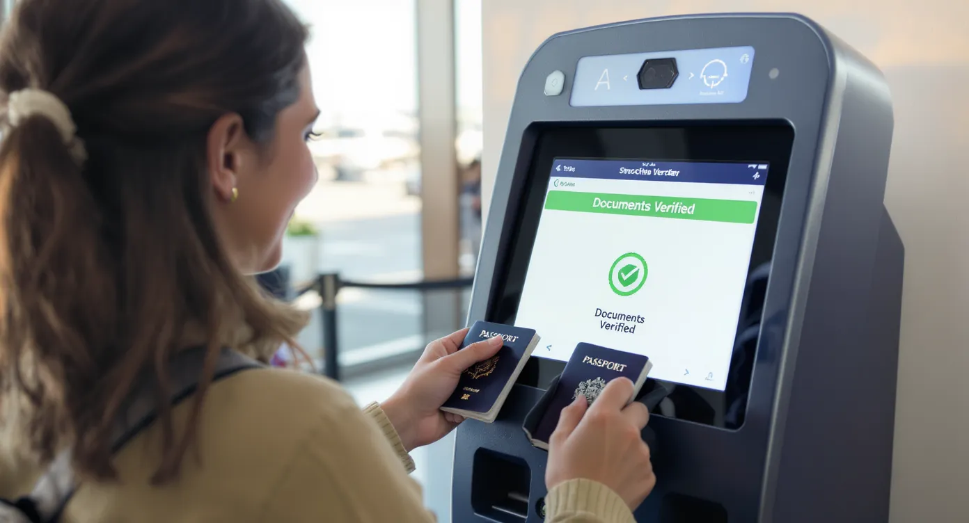 Happy dual-citizen traveler scanning two passports at an airline self-service kiosk that displays a green “Documents Verified” status, illustrating a seamless boarding experience after systems resolved potential mismatches.
