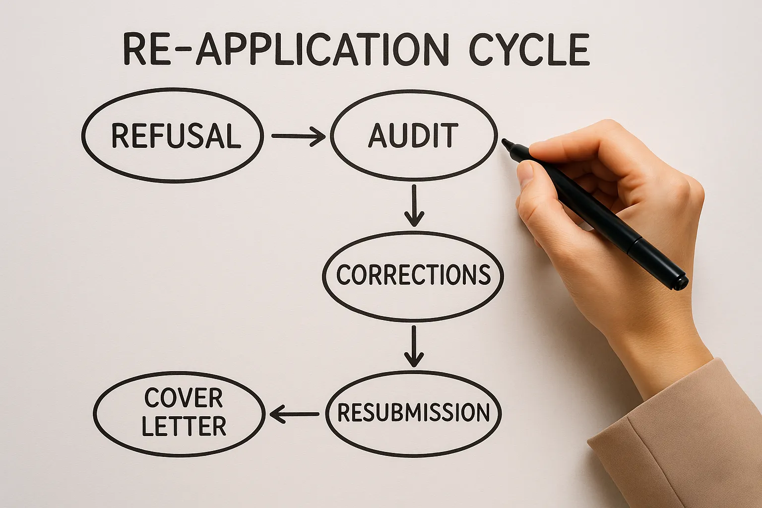 Illustrated flowchart showing the re-application cycle: refusal ➜ audit ➜ corrections ➜ cover letter ➜ resubmission ➜ approval.