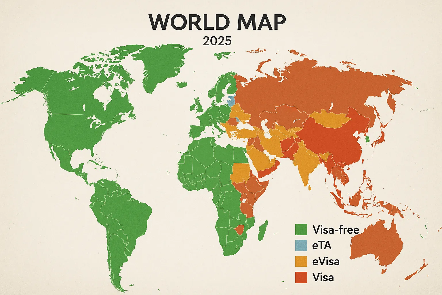 Illustrated world map with color-coded regions showing visa-free, eTA, eVisa, and traditional visa zones for 2025 tourism.